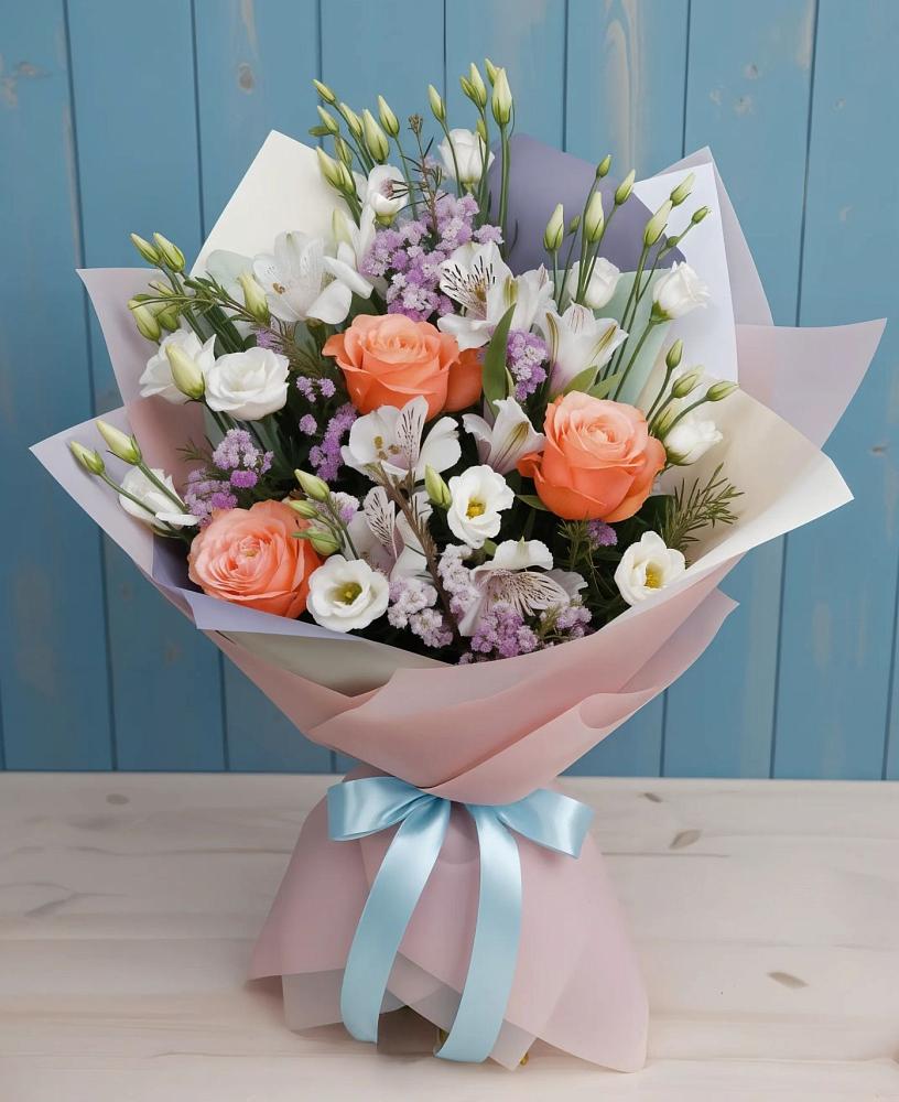 Букет цветов из: Лизиантусы, Розы, Альстромерии и Гипсофила в Спокойной
