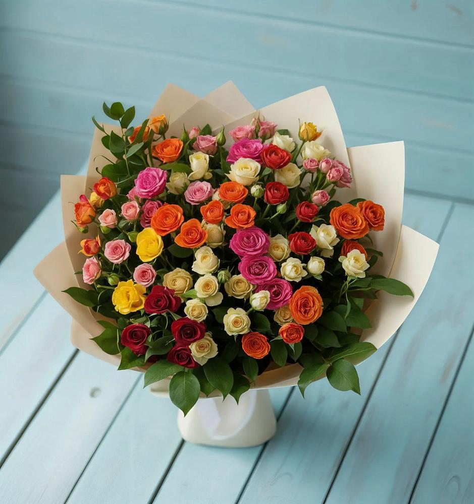 Букет Микс из разноцветных кустовых роз в Спокойной