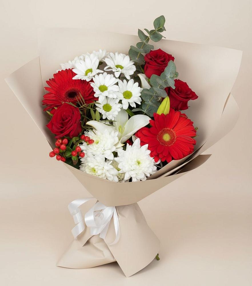 Букет цветов из: Розы, Хризантемы, Герберы и Лилии в Спокойной