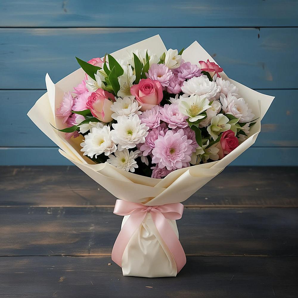 Букет цветов из: Хризантемы, Альстромерии и Розы в Спокойной